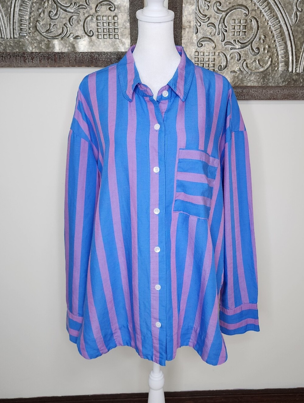 On 34th Relaxed Fit Blue & Purple Striped Linen Blend Button-Up Shirt XXL Casual